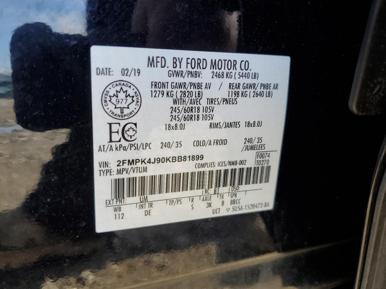 2019 Ford Edge Sel VIN: 2FMPK4J90KBB81899 Lot: 62491775
