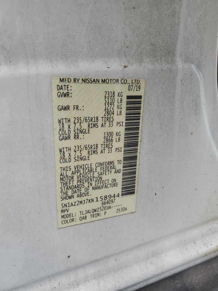 2019 Nissan Murano S VIN: 5N1AZ2MJ7KN158944 Lot: 59184685