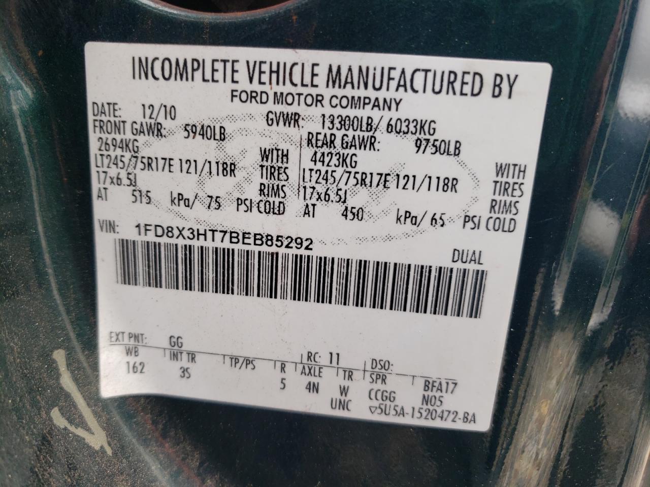 2011 Ford F350 Super Duty VIN: 1FD8X3HT7BEB85292 Lot: 62131655