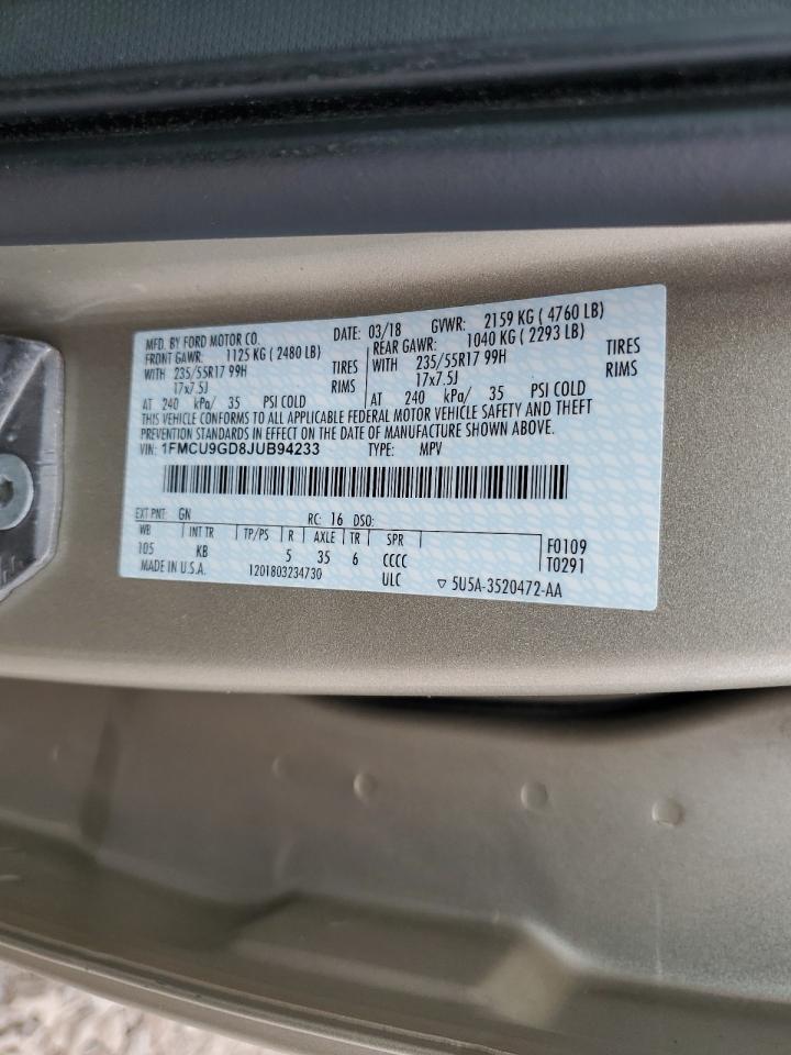 2018 Ford Escape Se VIN: 1FMCU9GD8JUB94233 Lot: 62559205