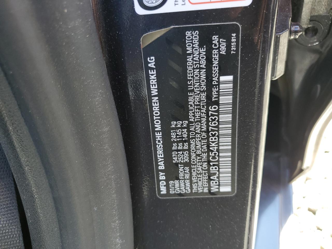 2019 BMW 530Xe VIN: WBAJB1C54KB376376 Lot: 61477075