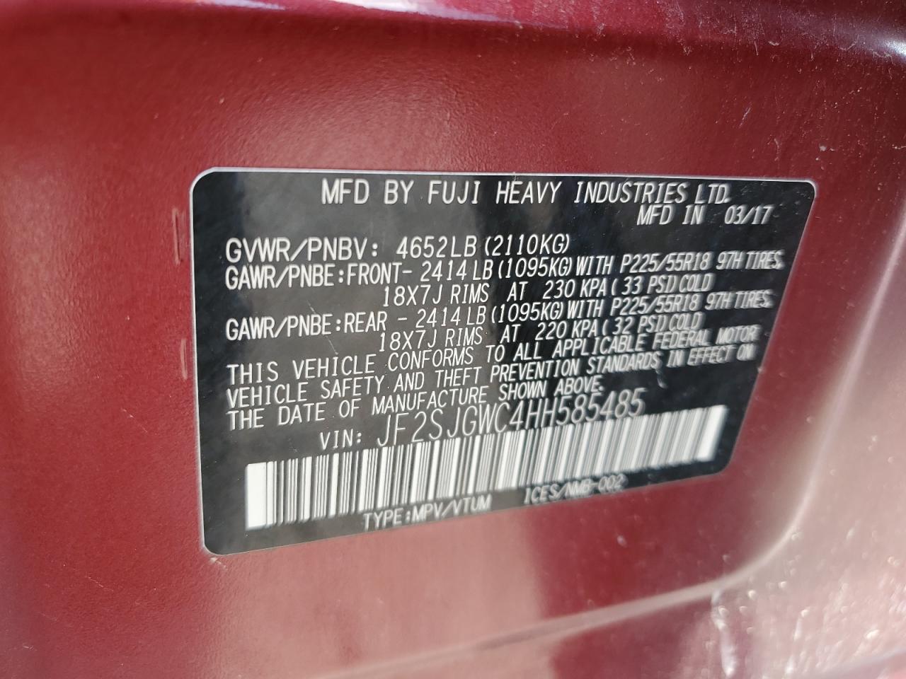 2017 Subaru Forester 2.0Xt Touring VIN: JF2SJGWC4HH585485 Lot: 62485905