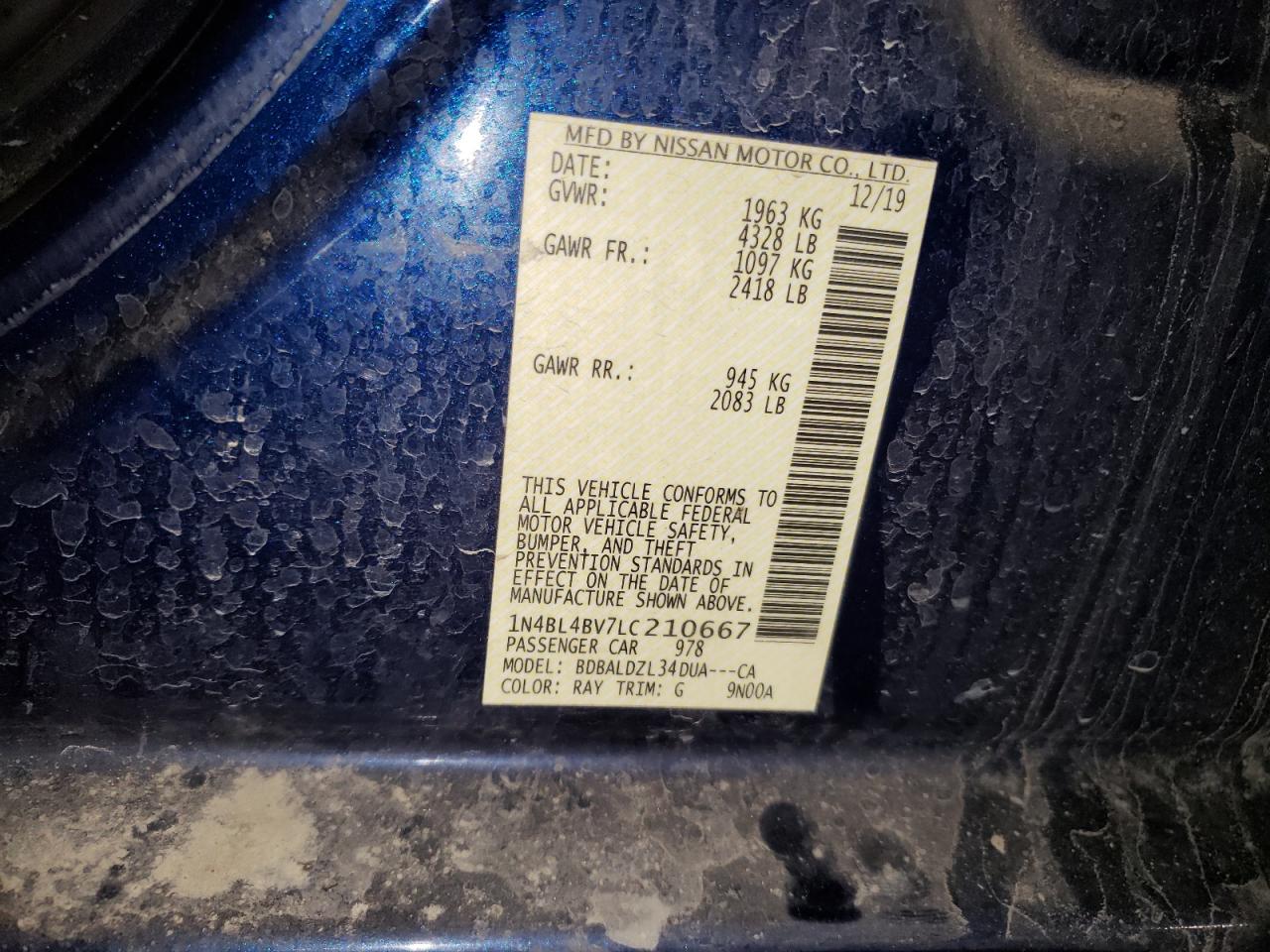 2020 Nissan Altima S VIN: 1N4BL4BV7LC210667 Lot: 62871905