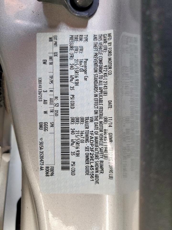 2014 Ford Focus Se VIN: 1FADP3F29EL451561 Lot: 63009475