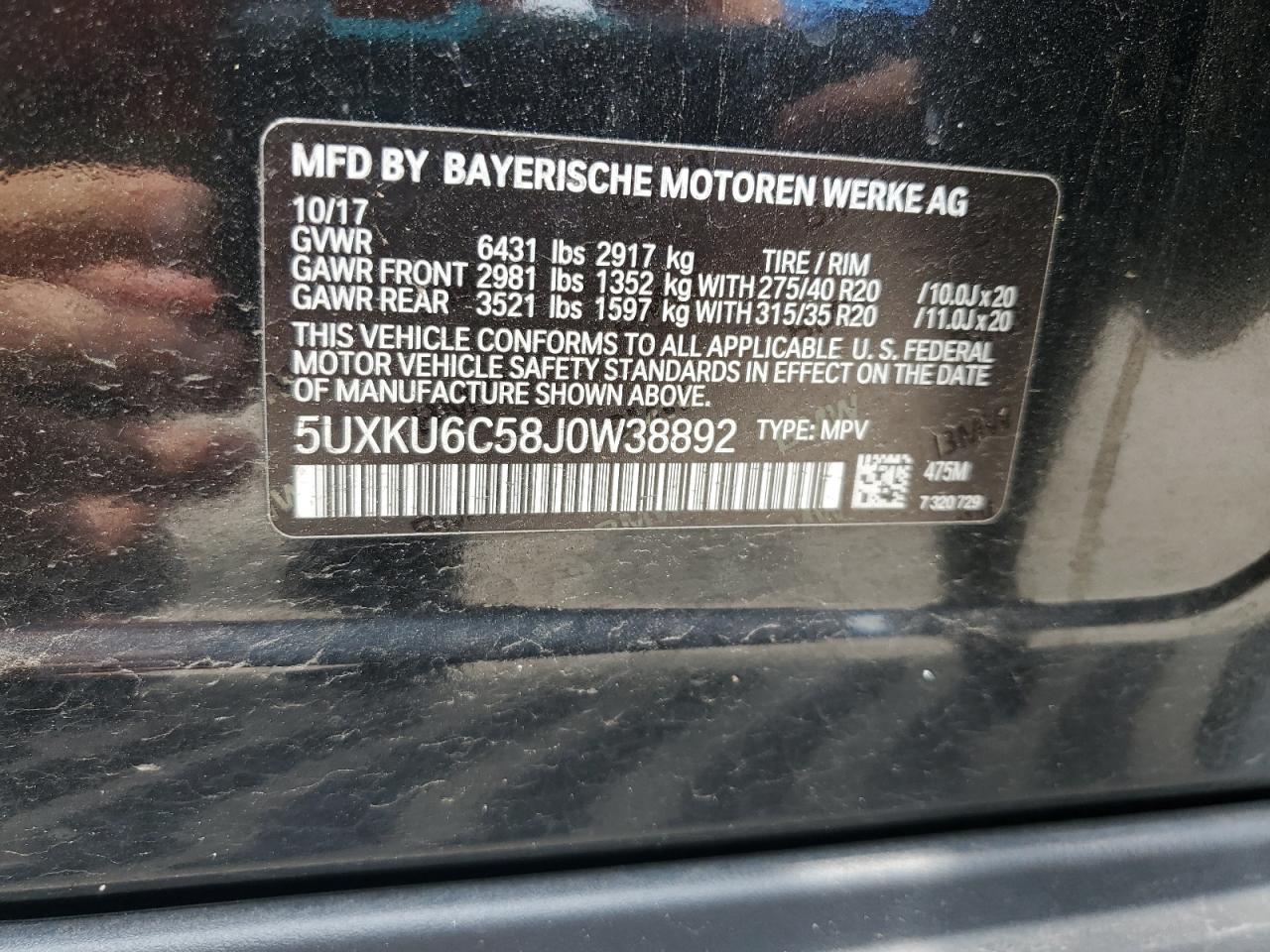 2018 BMW X6 xDrive50I VIN: 5UXKU6C58J0W38892 Lot: 60537815