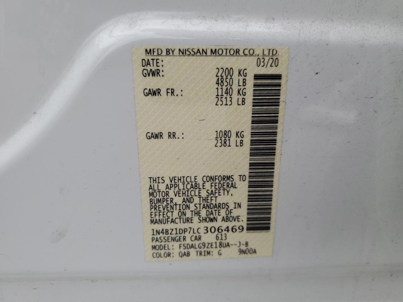 2020 Nissan Leaf Sl Plus VIN: 1N4BZ1DP7LC306469 Lot: 61850255