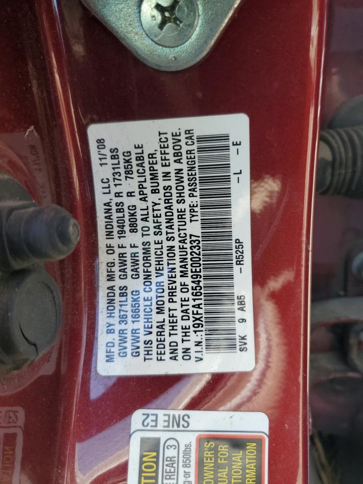 2009 Honda Civic Lx VIN: 19XFA16549E002337 Lot: 62696165