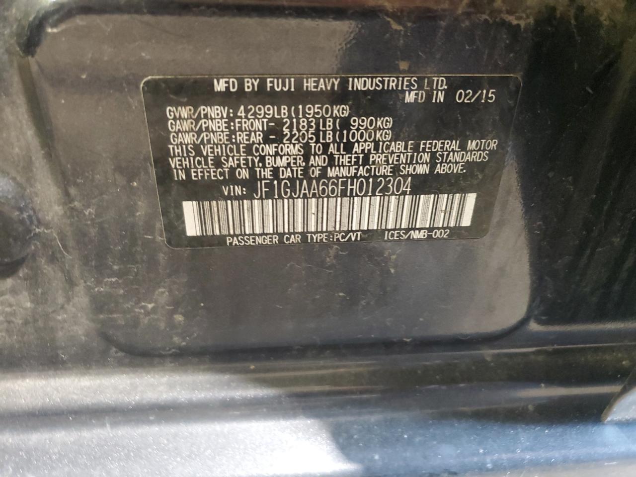 2015 Subaru Impreza VIN: JF1GJAA66FH012304 Lot: 62143745
