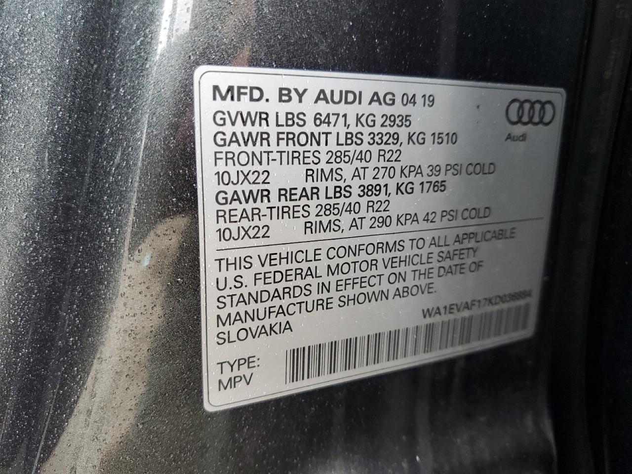 2019 Audi Q8 Premium Plus S-Line VIN: WA1EVAF17KD036884 Lot: 61718525