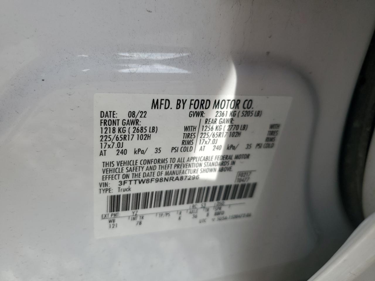 2022 Ford Maverick Xl VIN: 3FTTW8F98NRA87296 Lot: 62715335