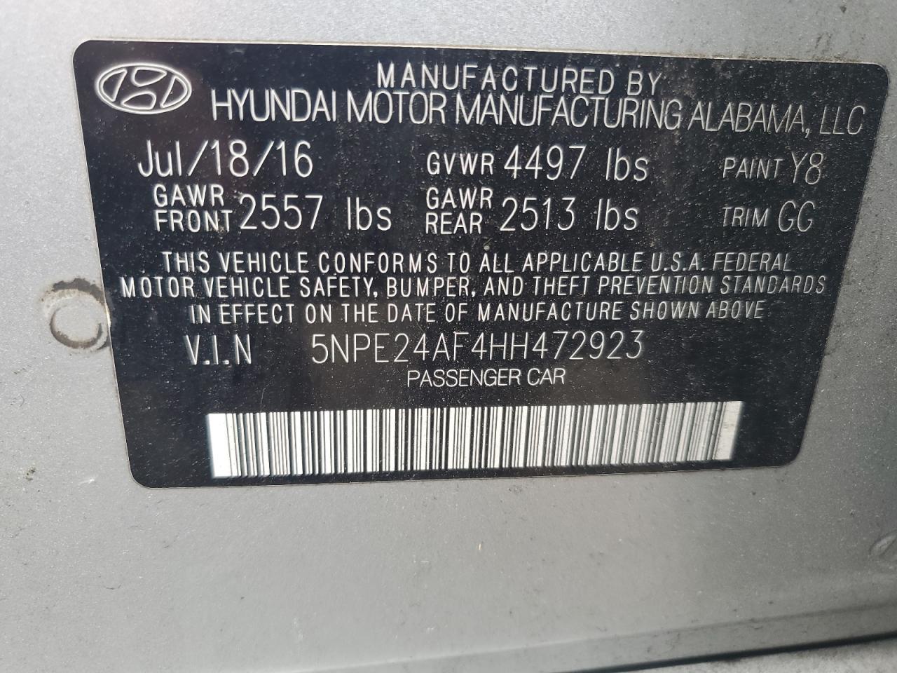HYUNDAI SONATA 2017 VIN 5NPE24AF4HH472923 zdjęcie 13