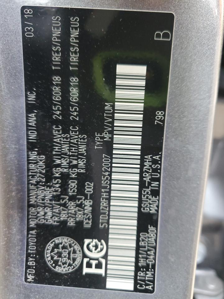 2018 Toyota Highlander Se VIN: 5TDJZRFH1JS542007 Lot: 57506885