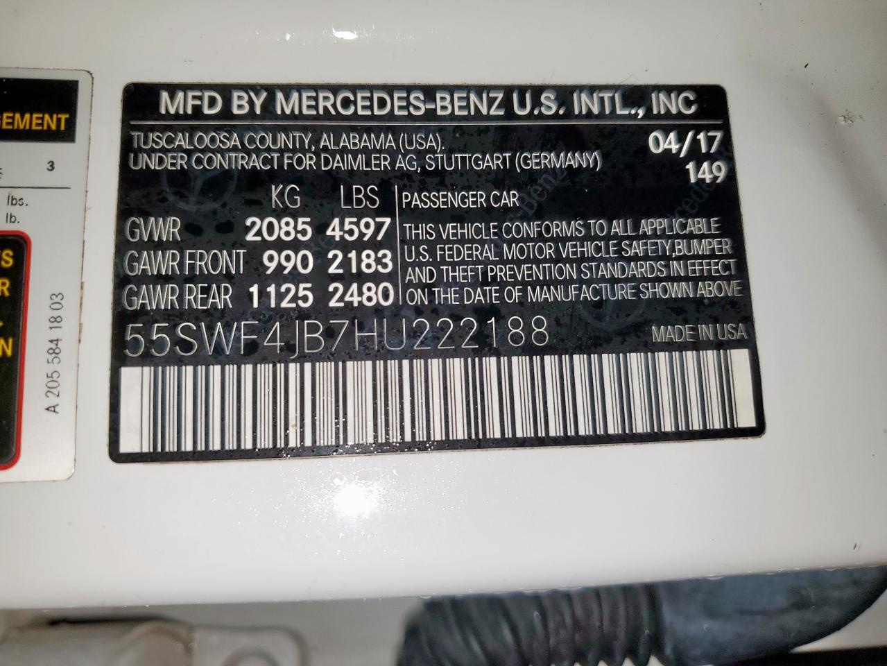 55SWF4JB7HU222188 2017 Mercedes-Benz C 300