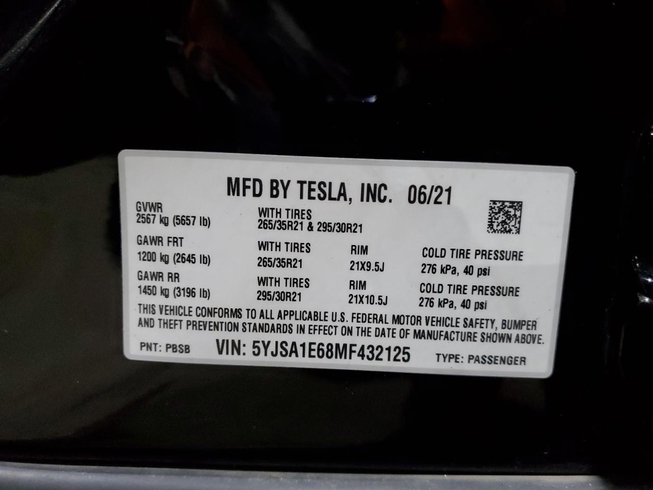 2021 Tesla Model S VIN: 5YJSA1E68MF432125 Lot: 60843515