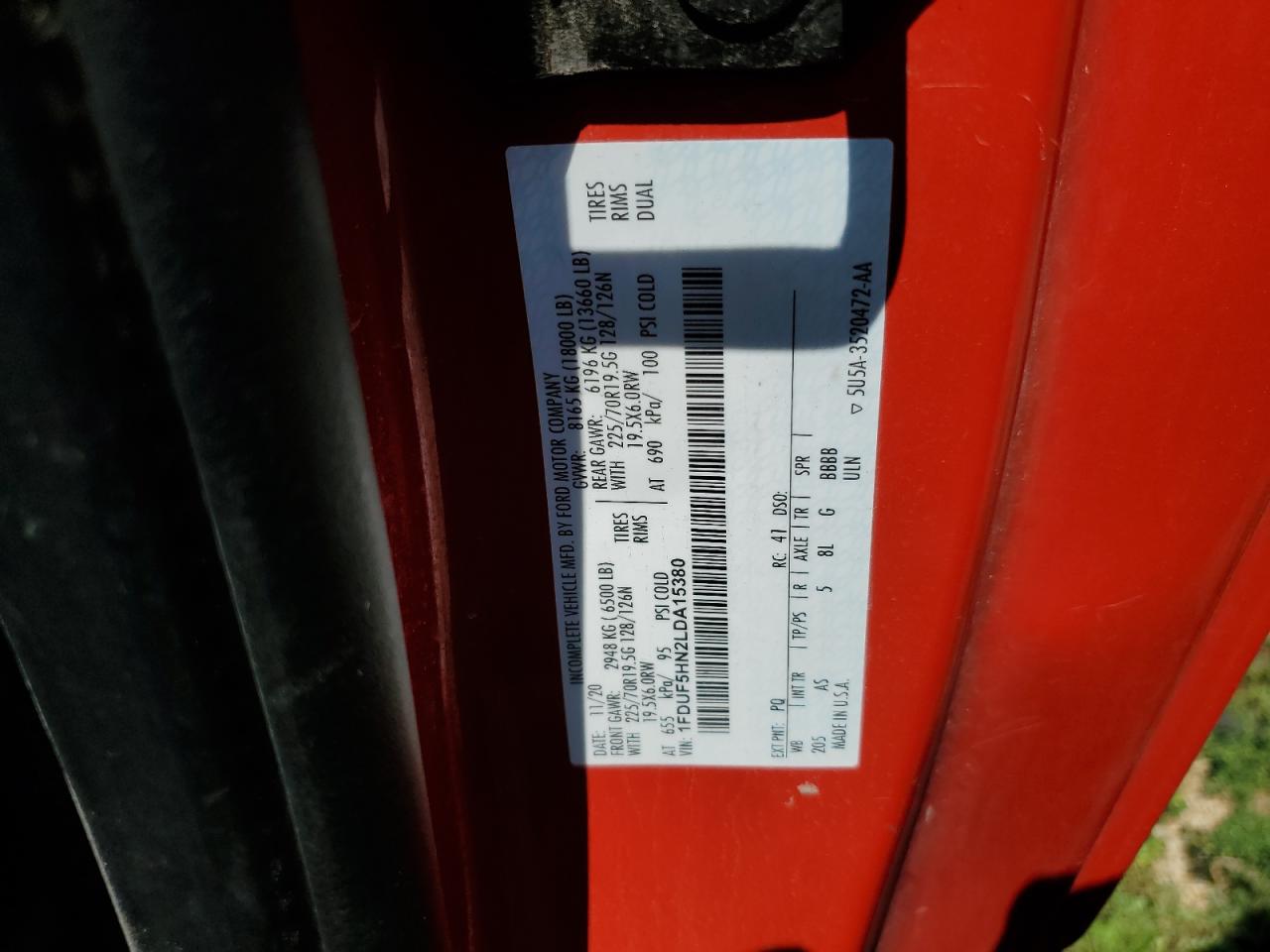 2020 Ford F550 Super Duty VIN: 1FDUF5HN2LDA15380 Lot: 61244975