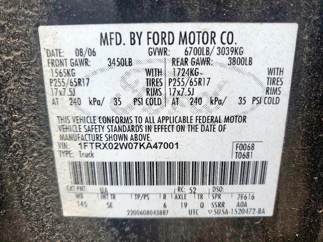 2007 Ford F150 VIN: 1FTRX02W07KA47001 Lot: 60455085