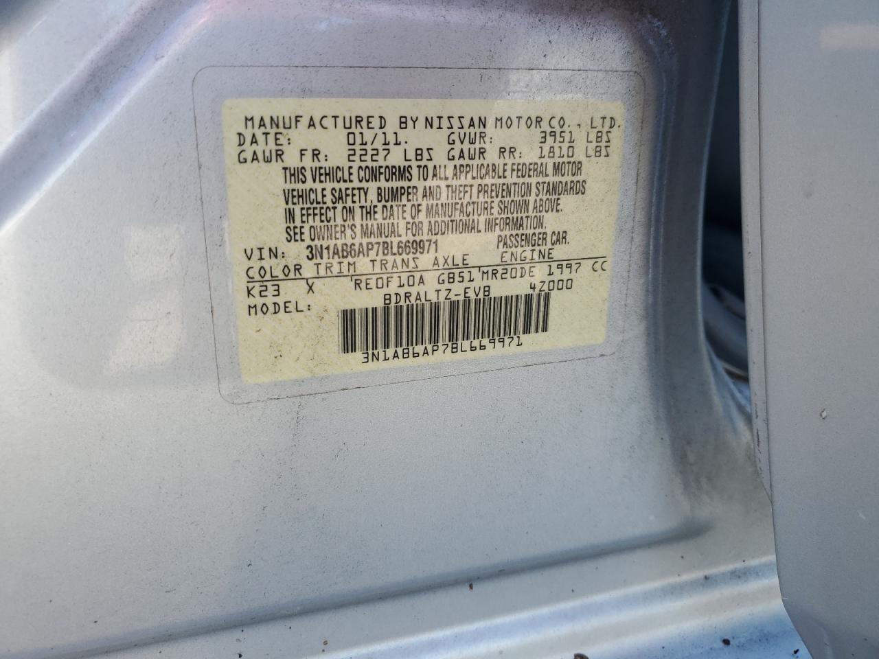 2011 Nissan Sentra 2.0 VIN: 3N1AB6AP7BL669971 Lot: 61671925
