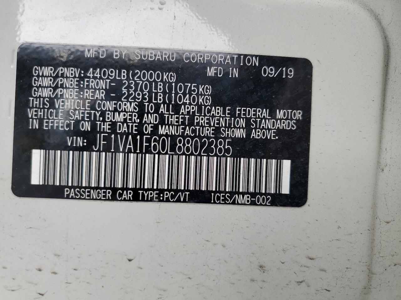 2020 Subaru Wrx Premium VIN: JF1VA1F60L8802385 Lot: 59790955