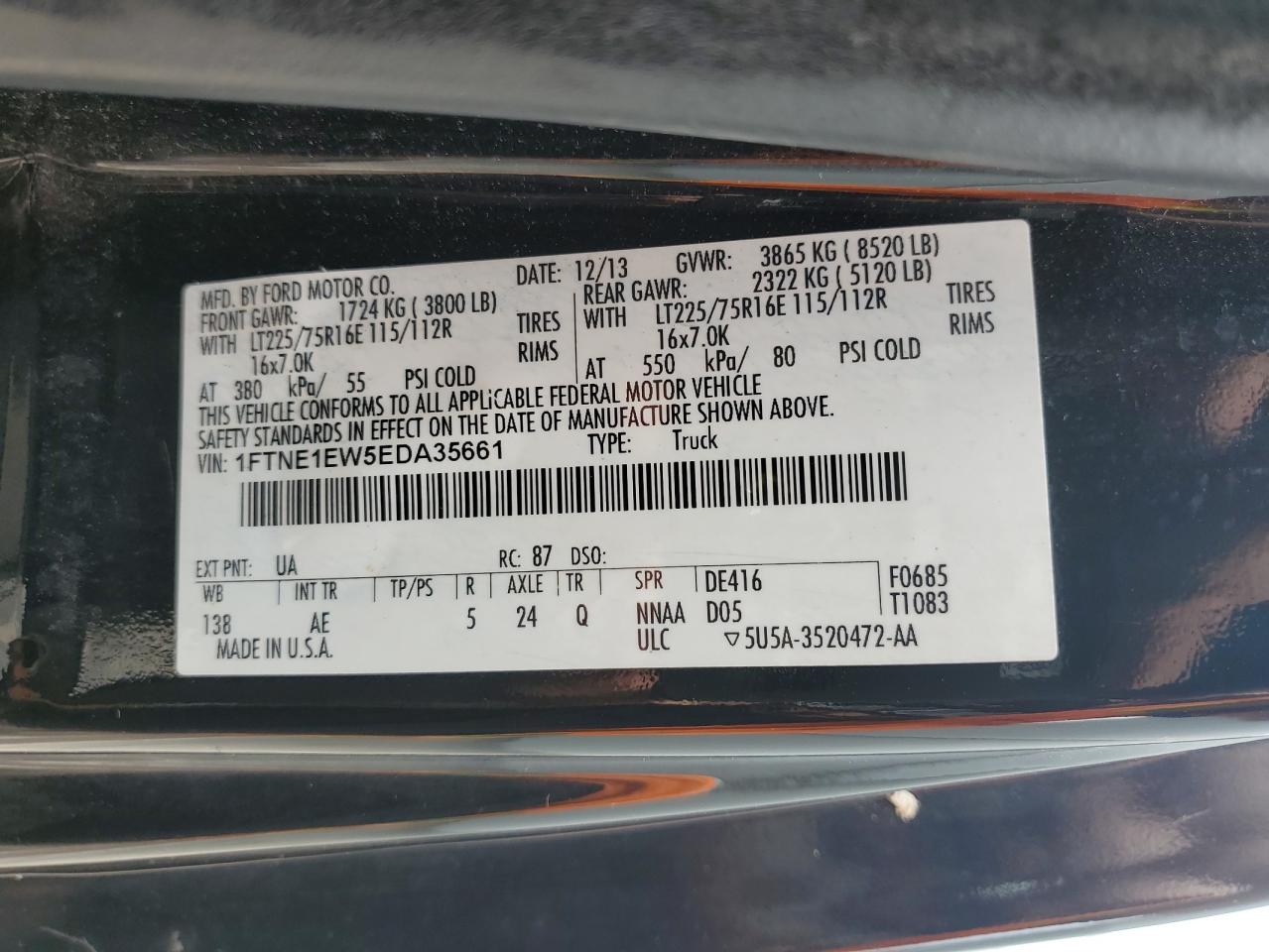 2014 Ford Econoline E150 Van VIN: 1FTNE1EW5EDA35661 Lot: 60602085