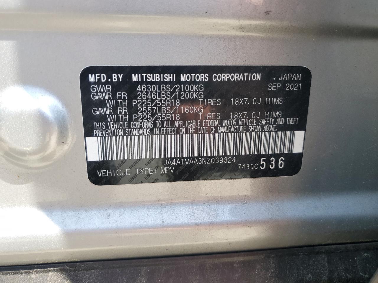 2022 Mitsubishi Eclipse Cross Le VIN: JA4ATVAA3NZ039324 Lot: 62305885