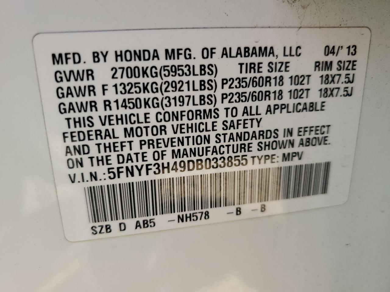 HONDA PILOT 2013 VIN 5FNYF3H49DB033855 фото 14