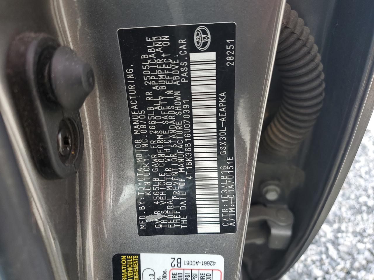 2006 Toyota Avalon Xl VIN: 4T1BK36B16U070391 Lot: 61565935