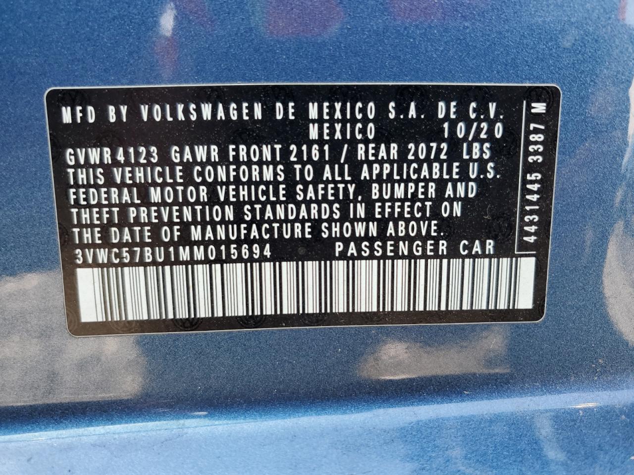 2021 Volkswagen Jetta S VIN: 3VWC57BU1MM015694 Lot: 62907345