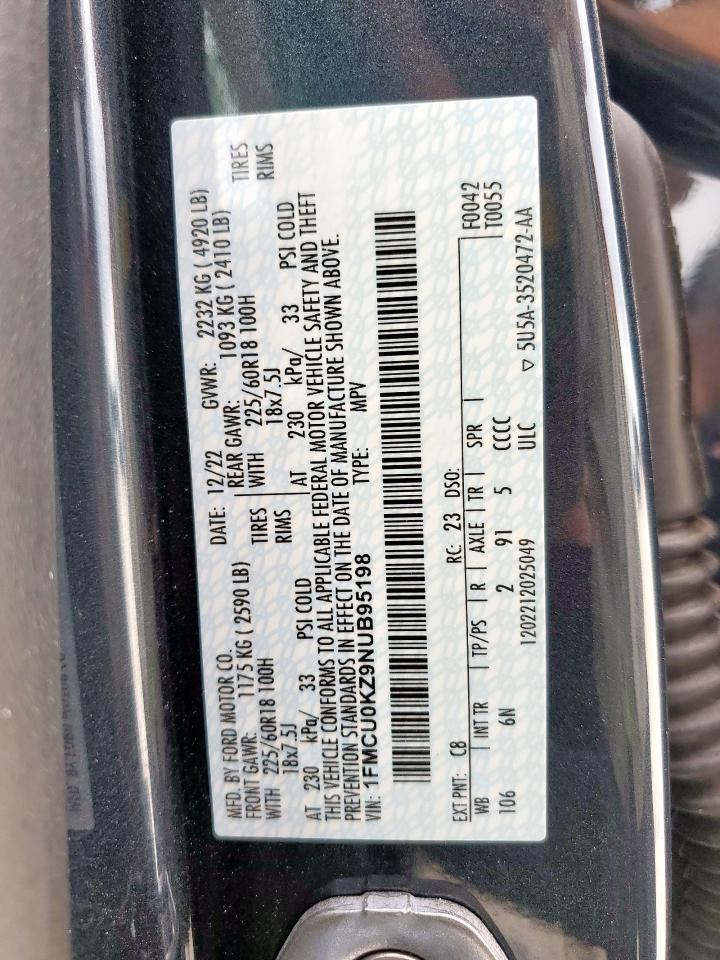 2022 Ford Escape Sel VIN: 1FMCU0KZ9NUB95198 Lot: 61973725