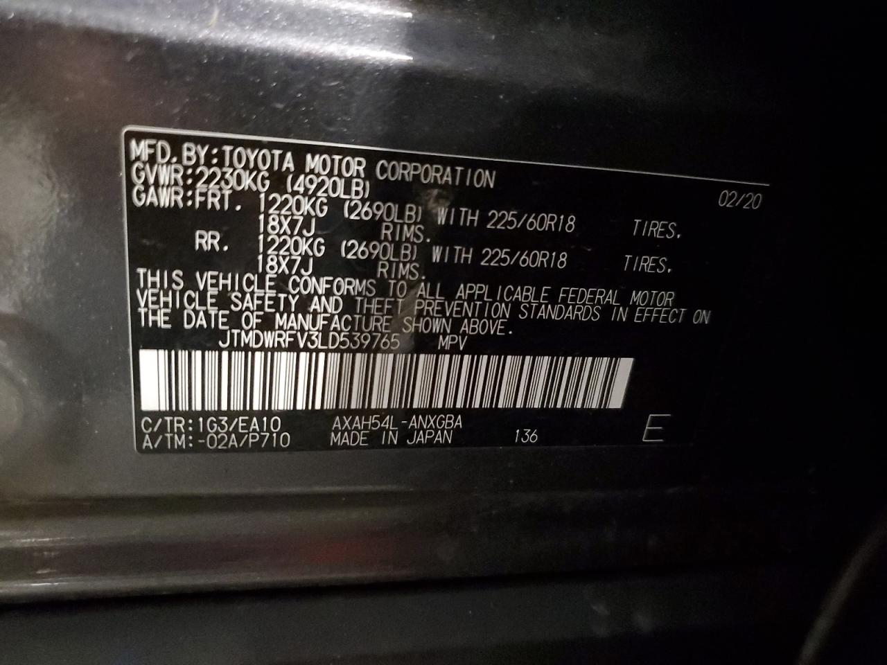 2020 Toyota Rav4 Limited VIN: JTMDWRFV3LD539765 Lot: 61647545