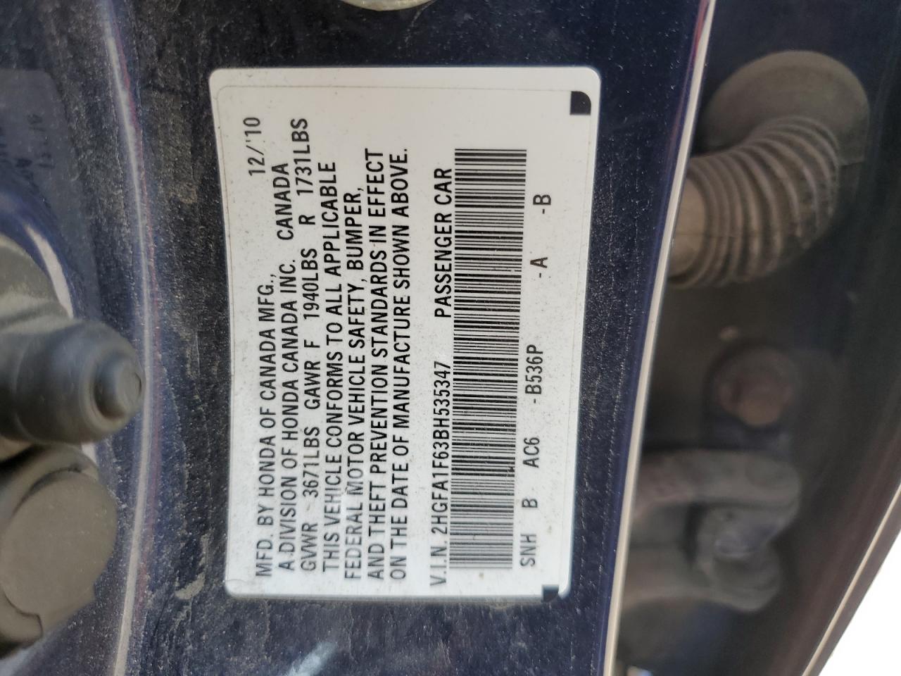 2011 Honda Civic Lx-S VIN: 2HGFA1F63BH535347 Lot: 62884125