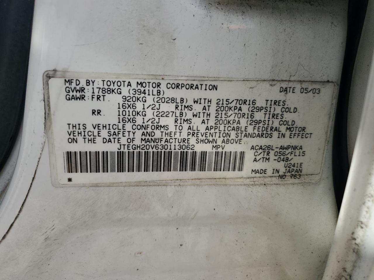 2003 Toyota Rav4 VIN: JTEGH20V630113062 Lot: 62189885
