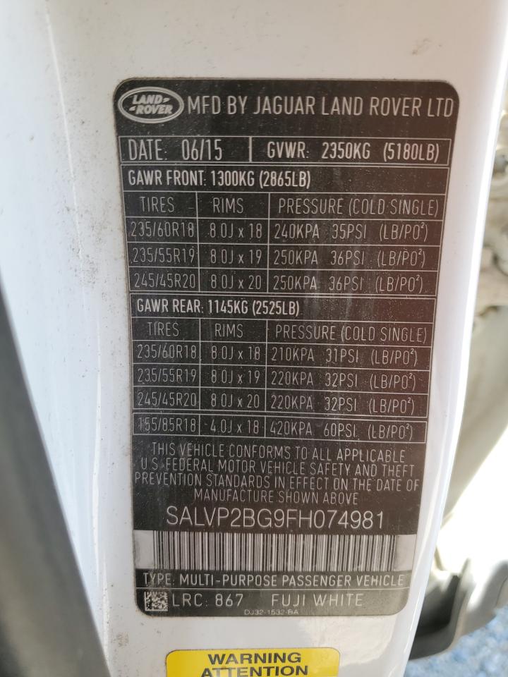 2015 Land Rover Range Rover Evoque Pure Plus VIN: SALVP2BG9FH074981 Lot: 55796305