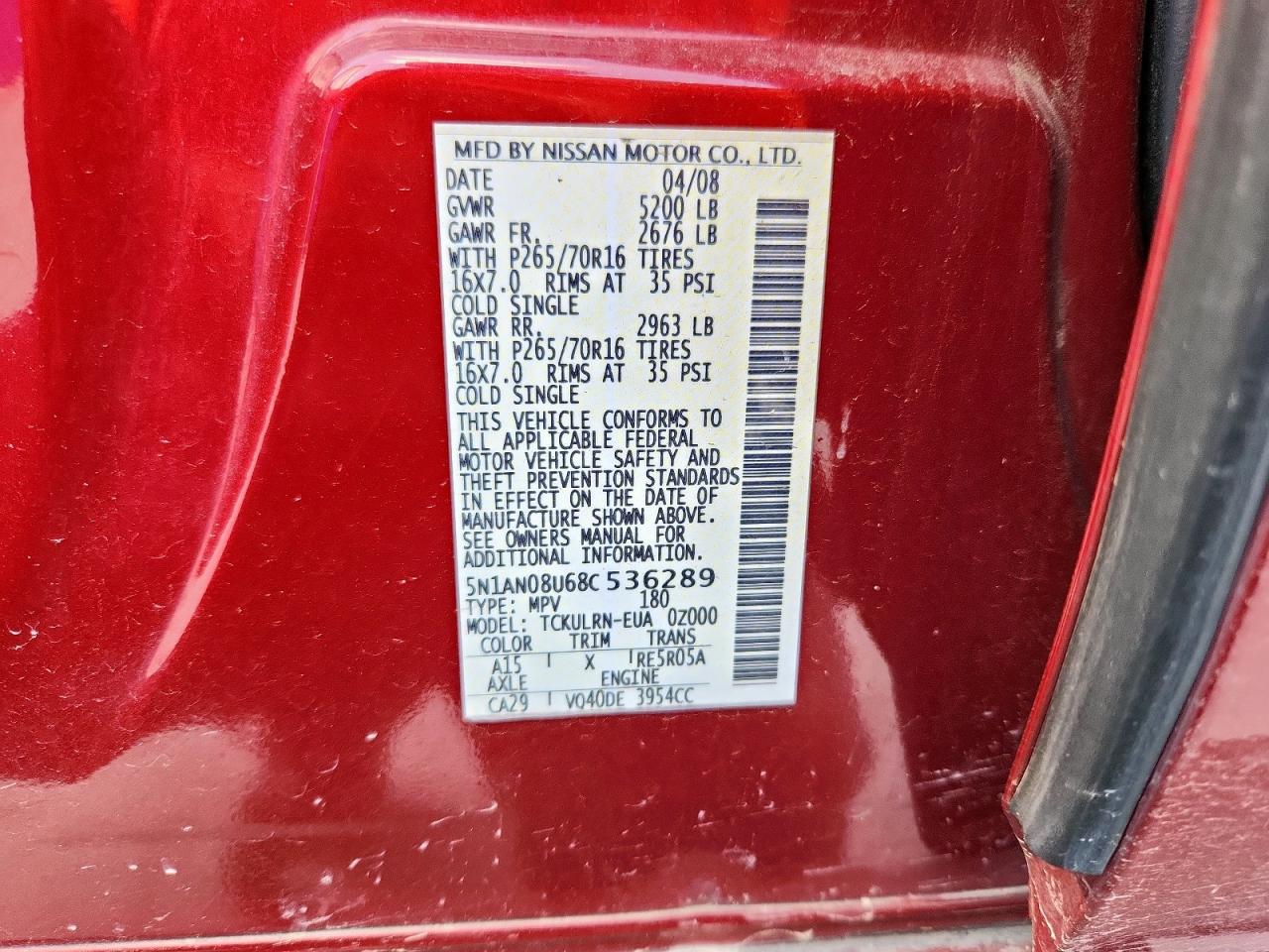 2008 Nissan Xterra Off Road VIN: 5N1AN08U68C536289 Lot: 62176755