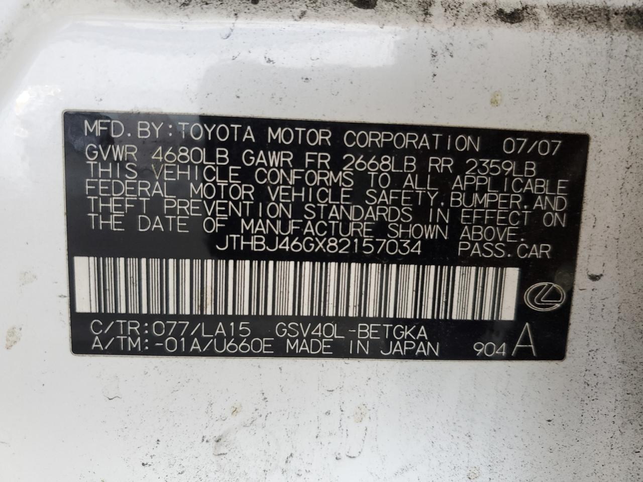 2008 Lexus Es 350 VIN: JTHBJ46GX82157034 Lot: 61394075