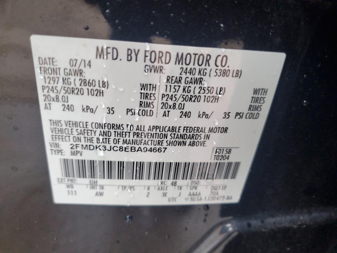 2014 Ford Edge Sel VIN: 2FMDK3JC8EBA94667 Lot: 62763955