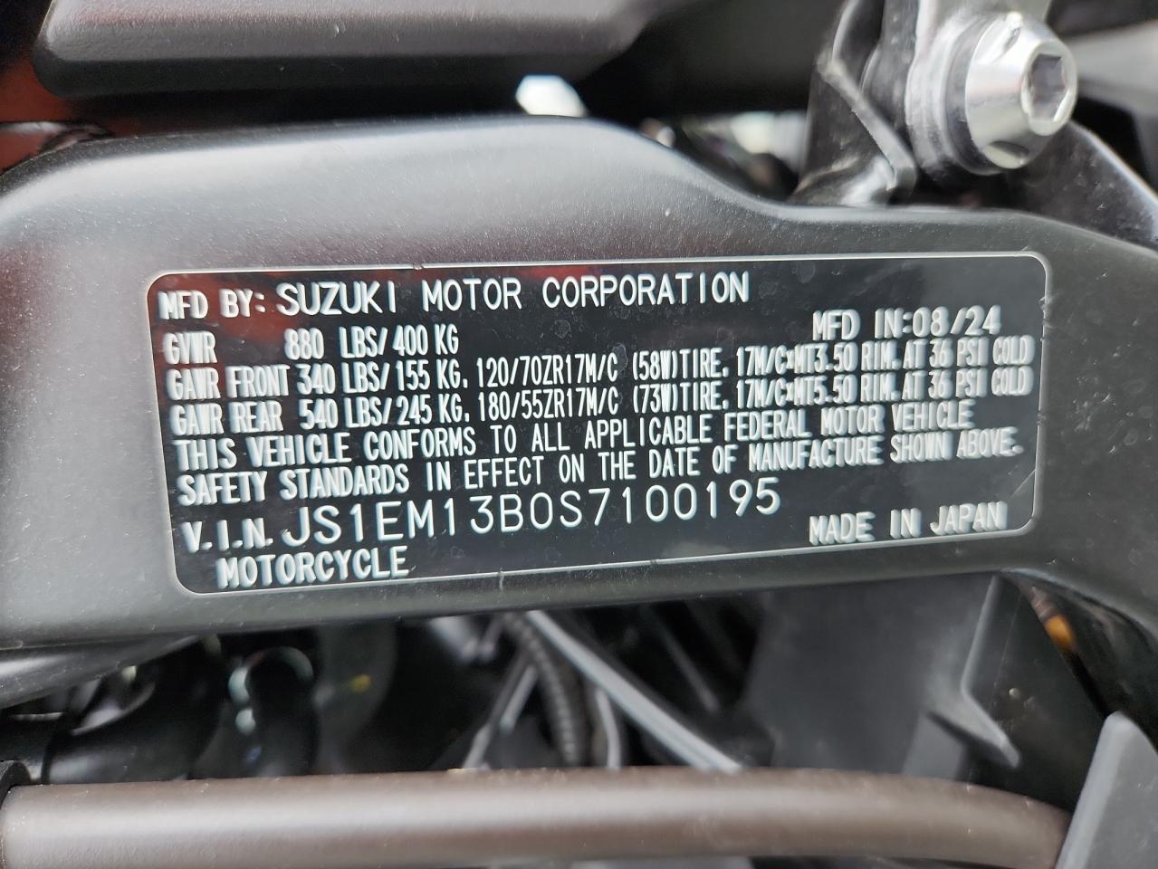 2025 Suzuki Gsx800 F VIN: JS1EM13B0S7100195 Lot: 61065005