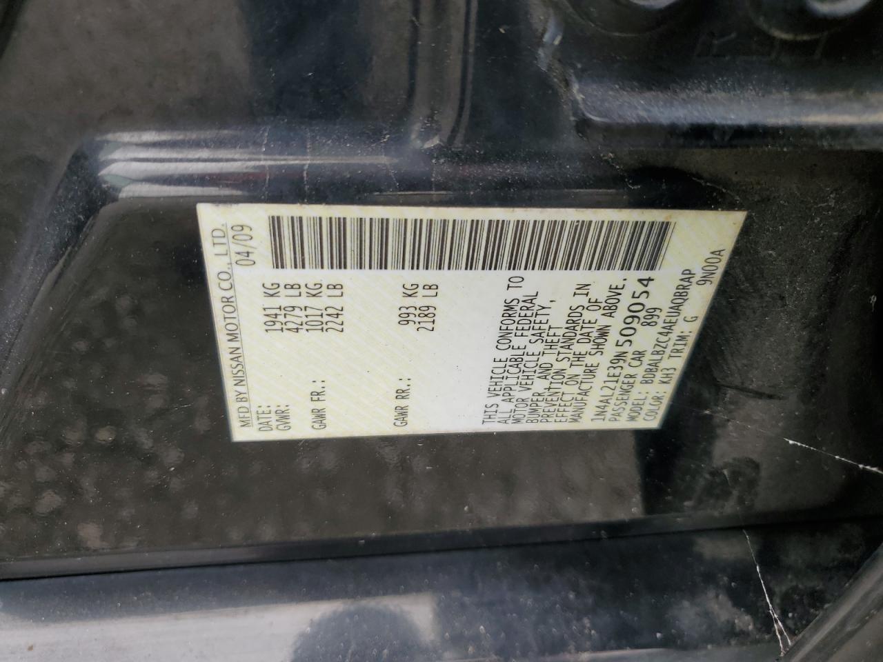 2009 Nissan Altima 2.5 VIN: 1N4AL21E39N509054 Lot: 60027015