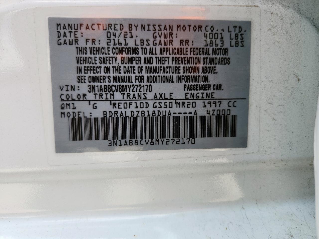 2021 Nissan Sentra Sv VIN: 3N1AB8CV8MY272170 Lot: 61923315