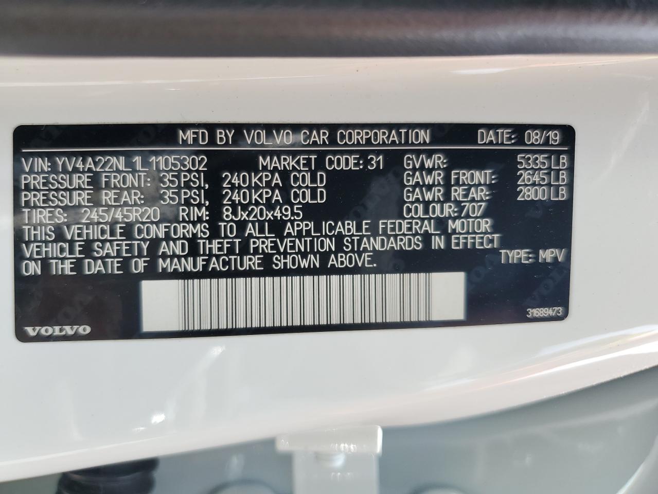 2020 Volvo V90 Cross Country T6 Inscription VIN: YV4A22NL1L1105302 Lot: 59787895