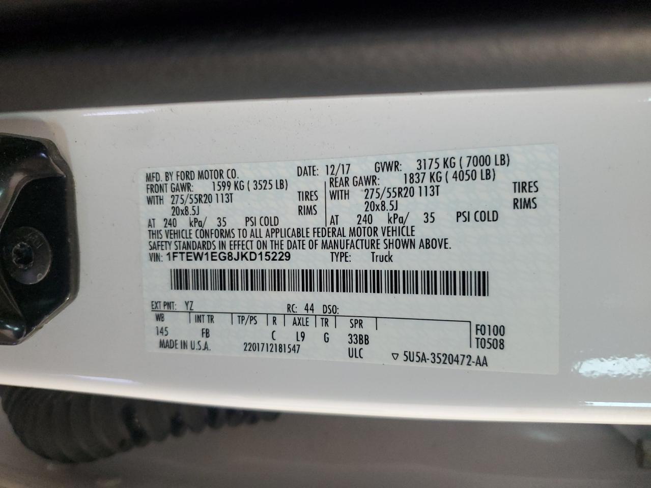 2018 Ford F150 Supercrew VIN: 1FTEW1EG8JKD15229 Lot: 62646285