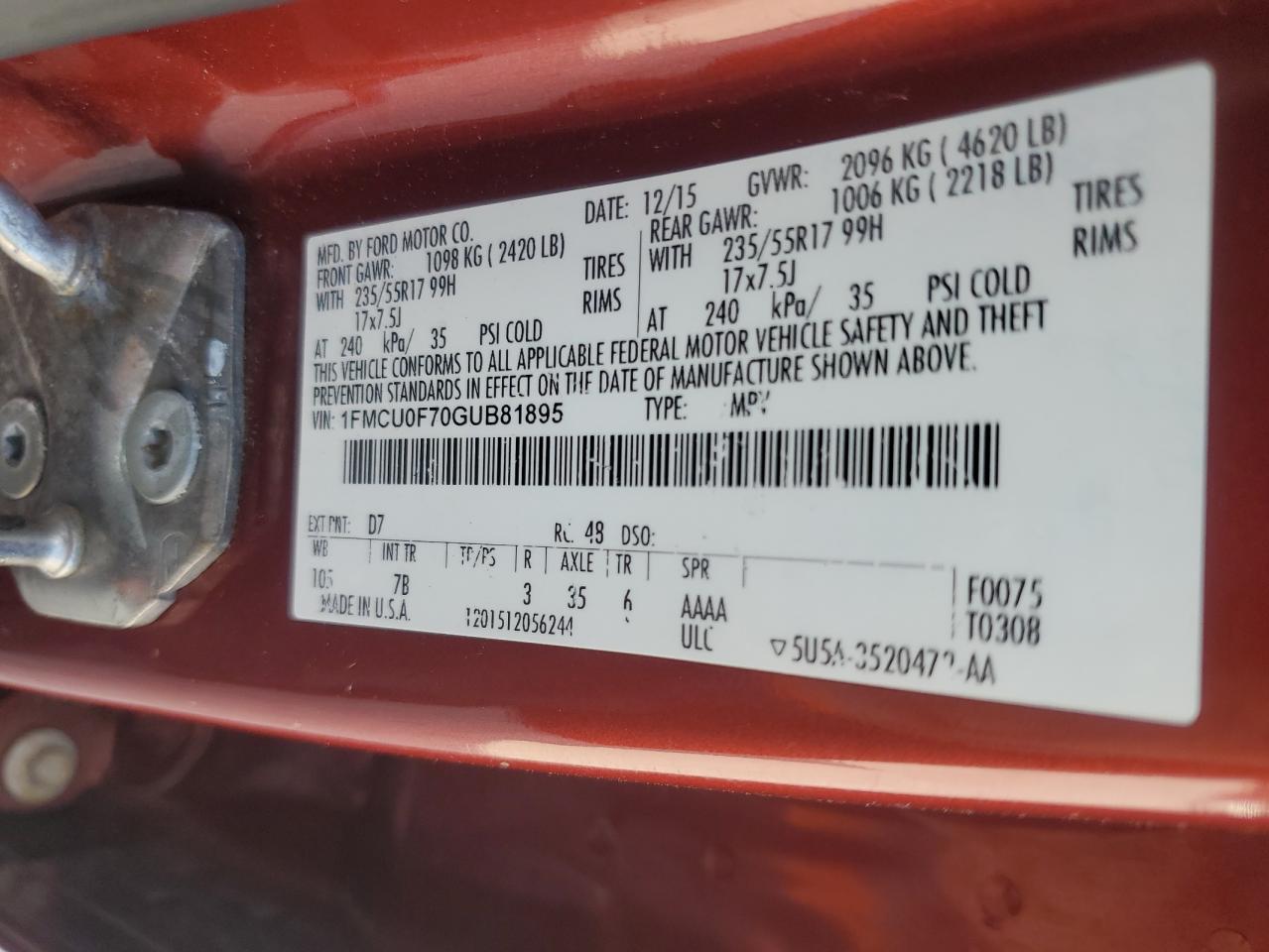 2016 Ford Escape S VIN: 1FMCU0F70GUB81895 Lot: 60002645