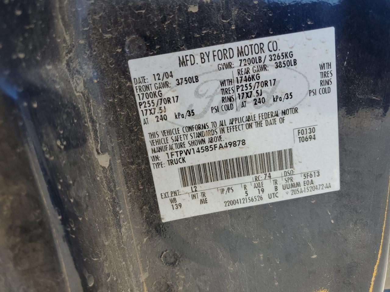 2005 Ford F150 Supercrew VIN: 1FTPW14585FA49878 Lot: 59924415