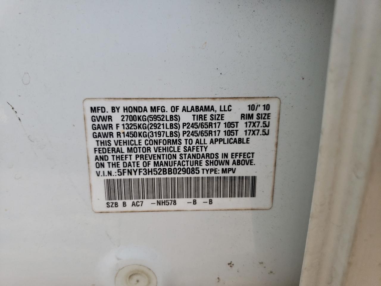 2011 Honda Pilot Exl VIN: 5FNYF3H52BB029085 Lot: 59364715