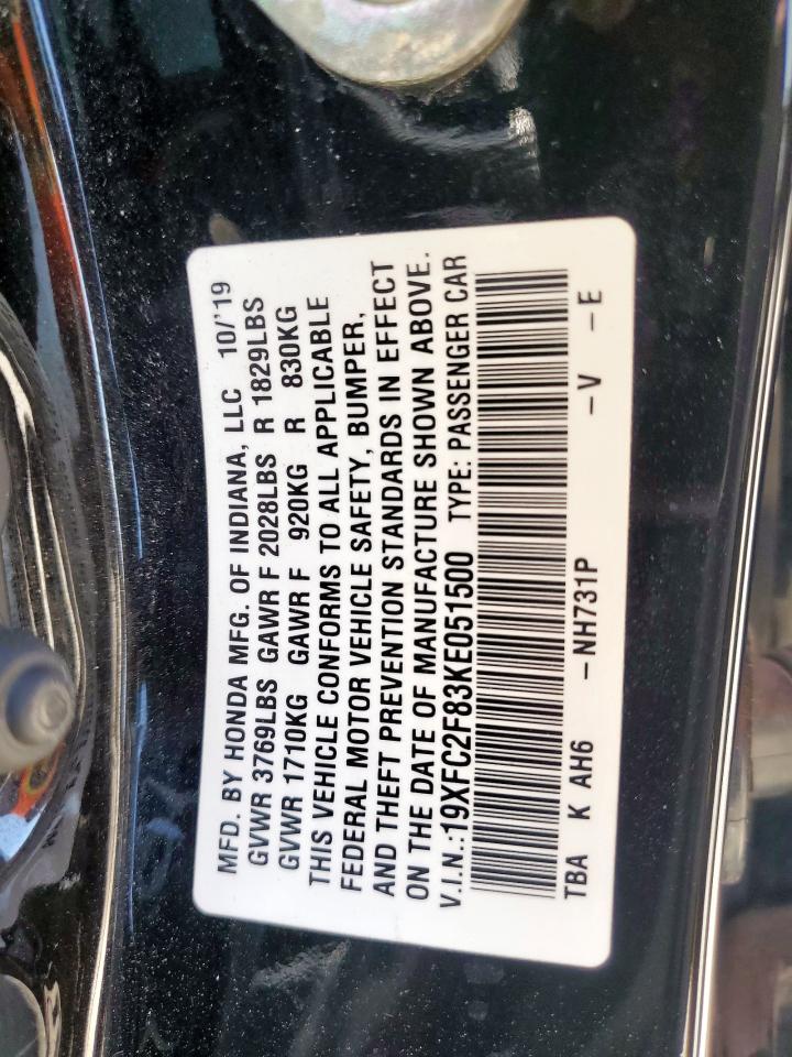 2019 Honda Civic Sport VIN: 19XFC2F83KE051500 Lot: 62597775