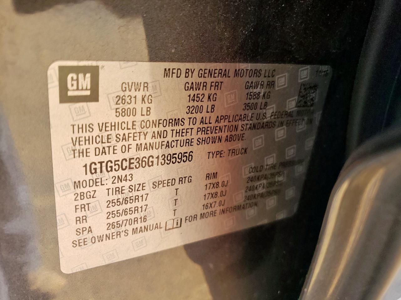 2016 GMC Canyon Sle VIN: 1GTG5CE36G1395956 Lot: 60952805