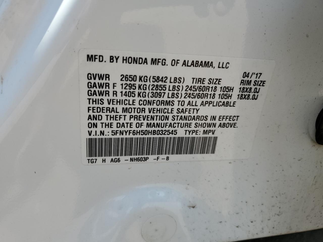 2017 Honda Pilot Exl VIN: 5FNYF6H50HB032545 Lot: 63105225