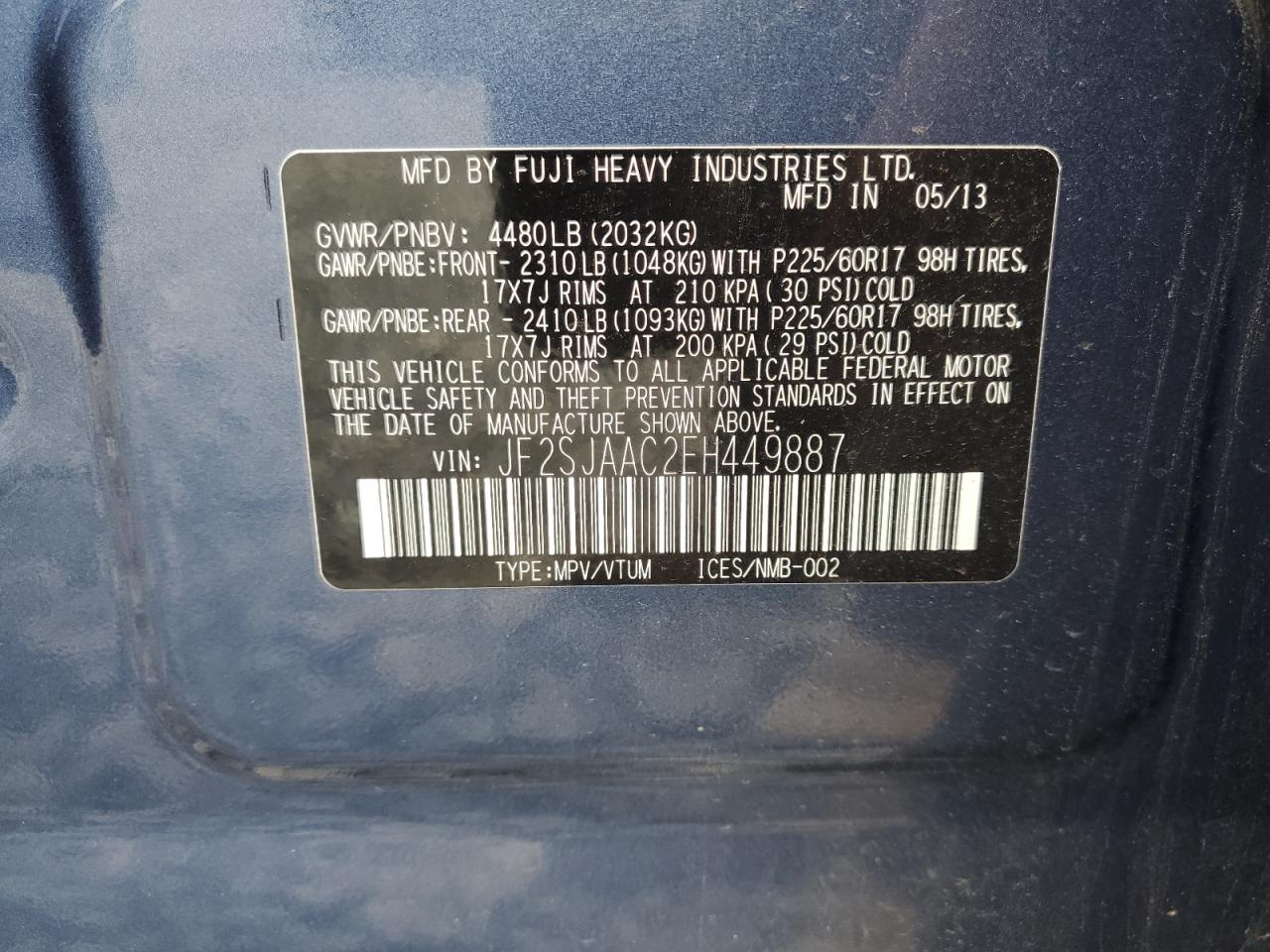 2014 Subaru Forester 2.5I VIN: JF2SJAAC2EH449887 Lot: 62018255