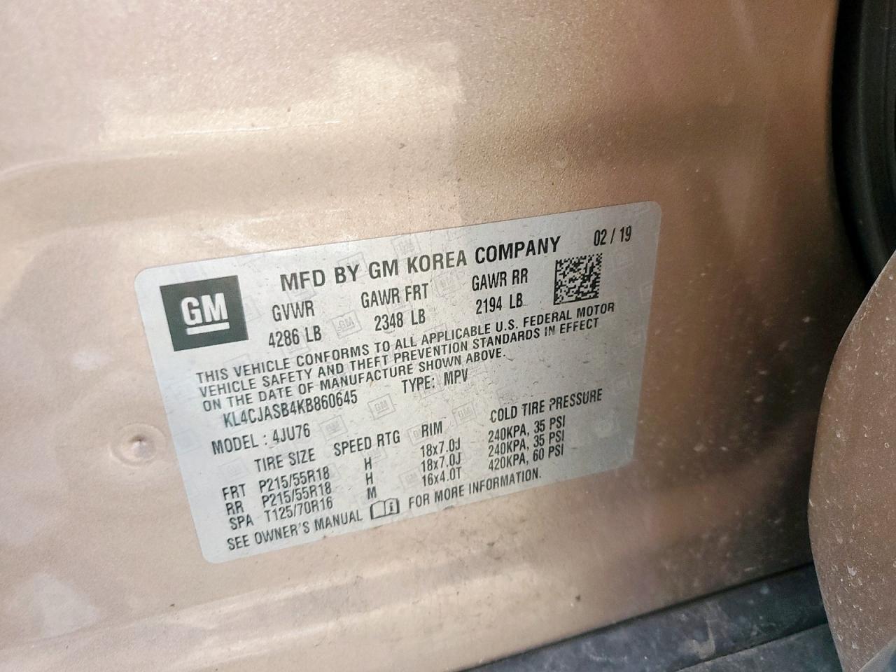 2019 Buick Encore Preferred VIN: KL4CJASB4KB860645 Lot: 61662035