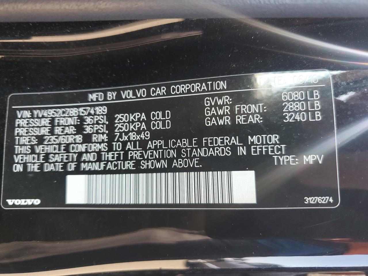 2011 Volvo Xc90 3.2 VIN: YV4952CZ8B1574189 Lot: 61250325
