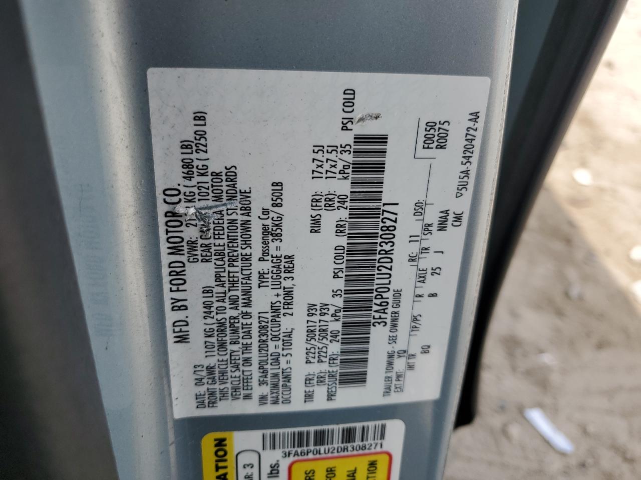 2013 Ford Fusion Se Hybrid VIN: 3FA6P0LU2DR308271 Lot: 62965605